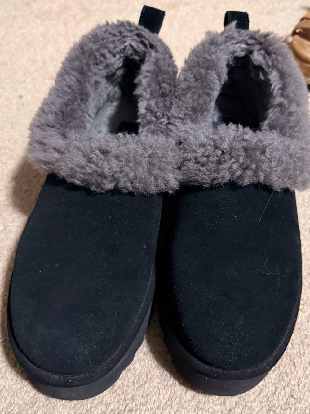 UGG Women's Black Slip-On Slippers with Gray Shearling Collar